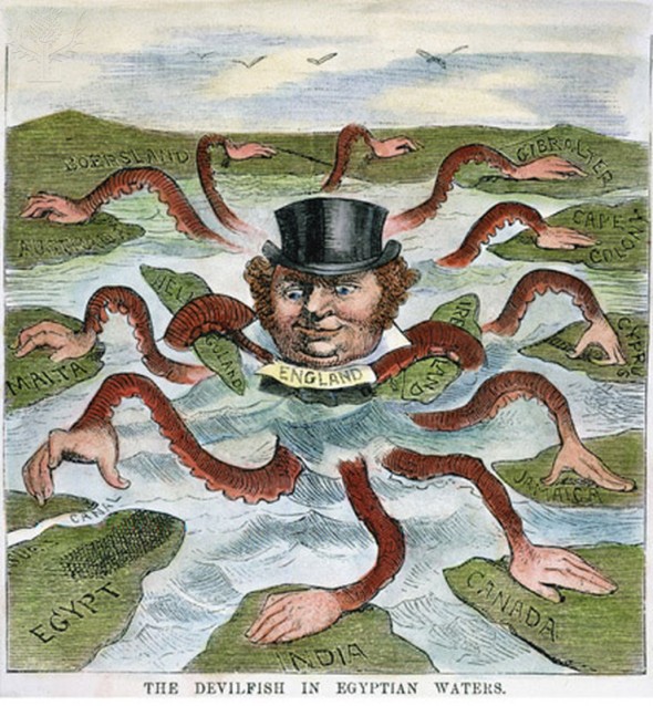 IMPERIALISM CARTOON, 1882. 'The Devilfish in Egyptian Waters.' An American cartoon from 1882 depicting John Bull (England) as the octopus of imperialism grabbing land on every continent.